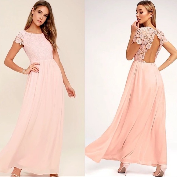 Lulus Greatest Lace Maxi Dress light pink lace bodice open back chiffon Skirt XS - Picture 17 of 17